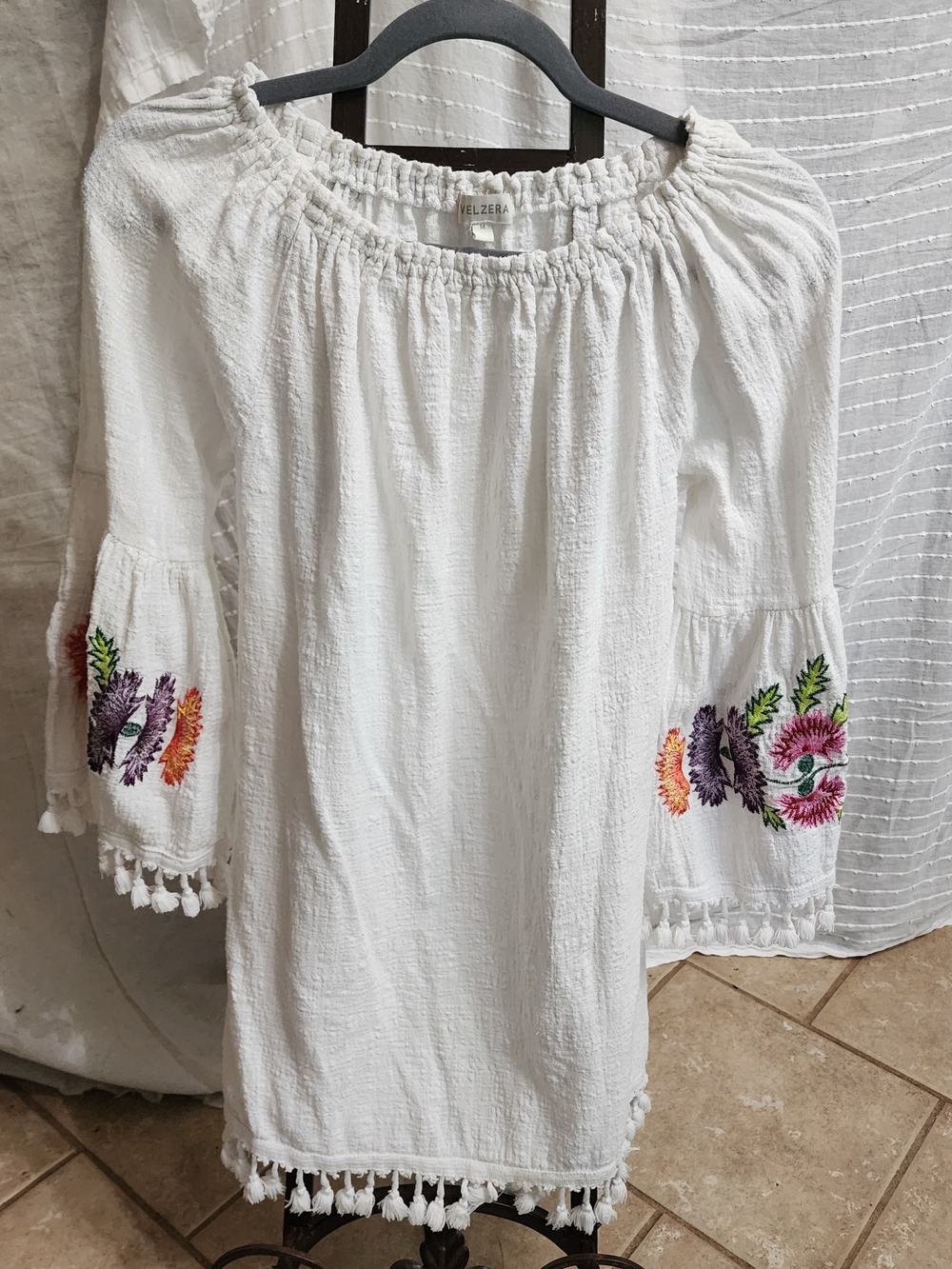 Velzera White Floral Embroidered Tassel Sleeve Peasant Top Beach Cover Up